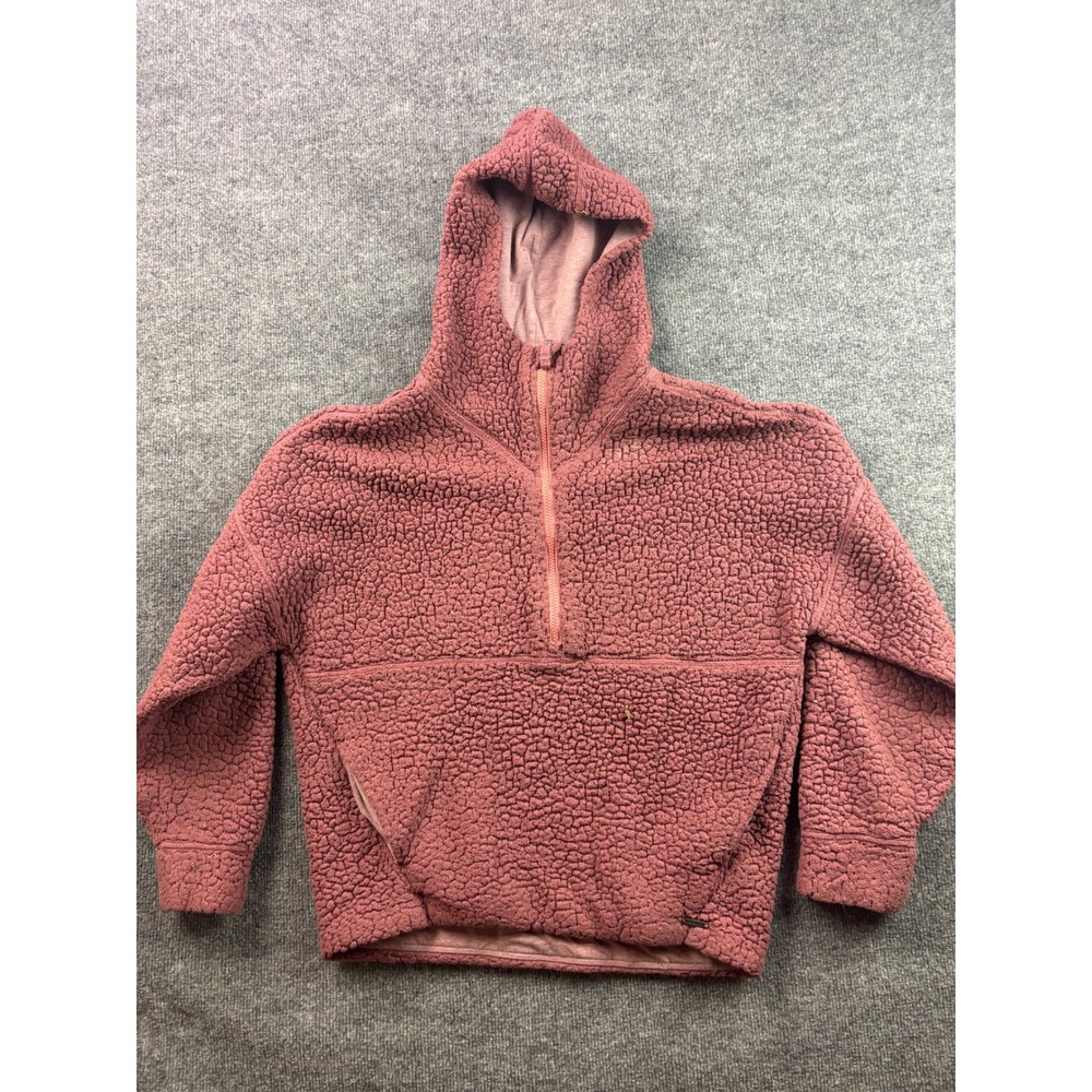 prAna Sherpa Fleece Pullover Hoodie Womens Size M Pink Half Zip Kangaroo Pocket